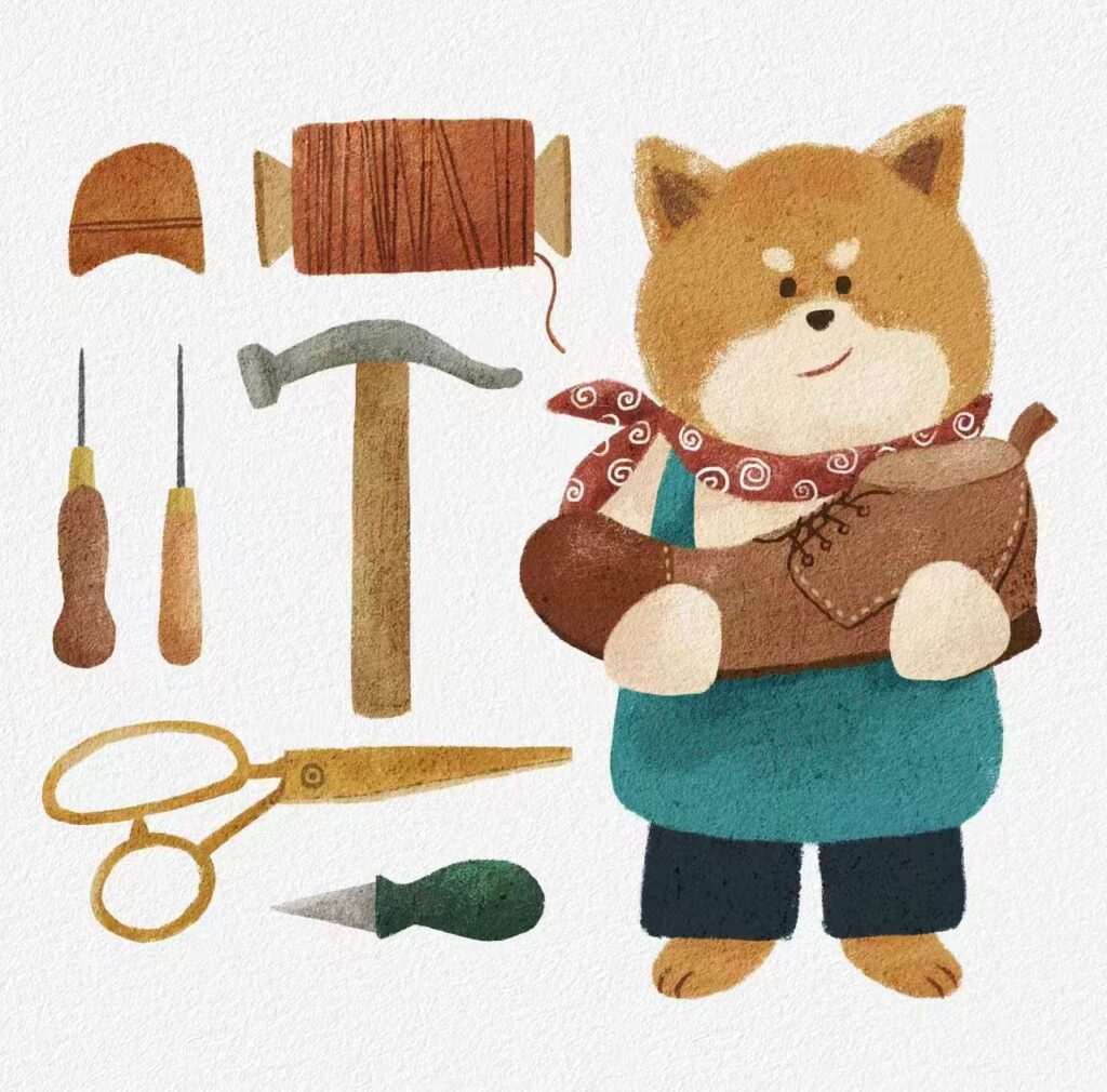 Cartoon picture of Shiba Inu holding shoes and ready to repair tools
