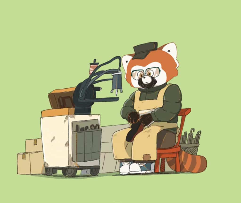 Cartoon picture of red panda repairing shoes