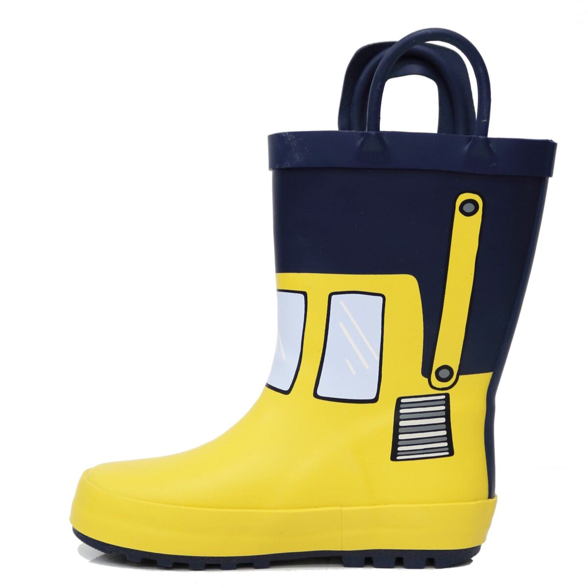 Bright yellow car children's rain boots left side display picture