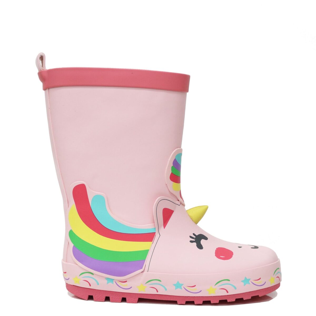 Display image of right side of rainbow unicorn children's rain boots