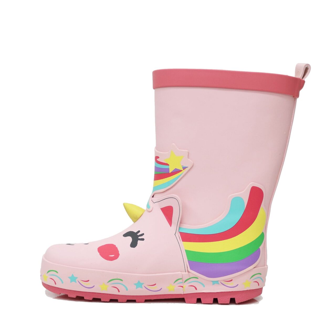 Display image of left side of rainbow unicorn children's rain boots