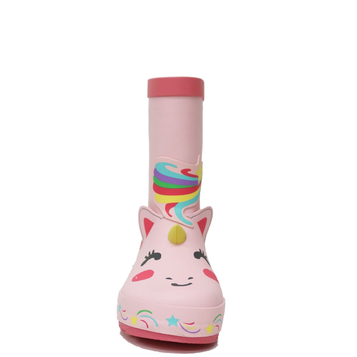 Display image of front side of rainbow unicorn children's rain boots