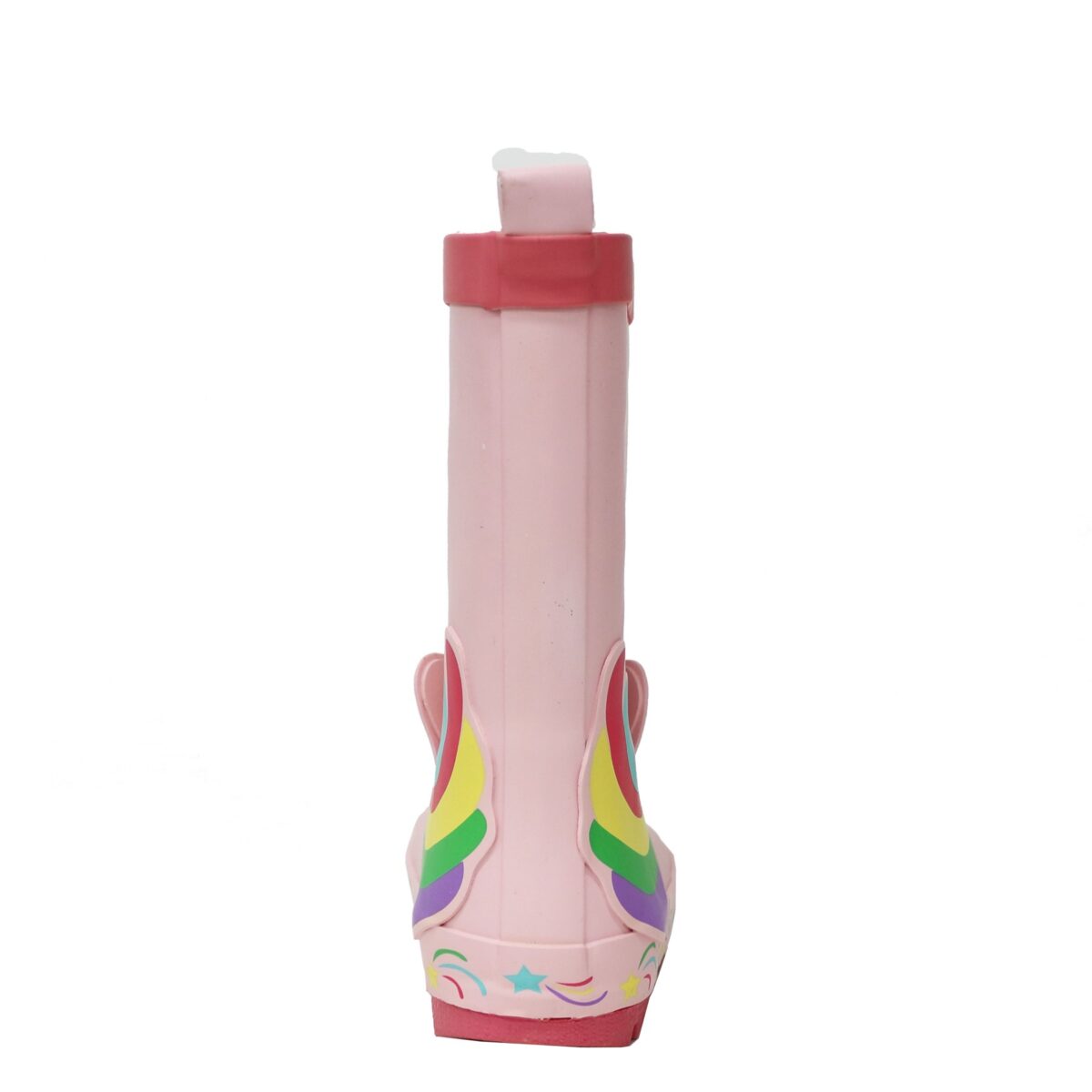 Display image of back side of rainbow unicorn children's rain boots