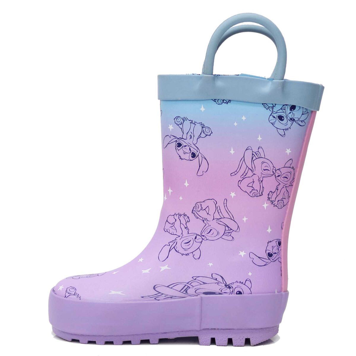 Display picture of the left side of fashionable children's rain boots with cartoon Stitch print