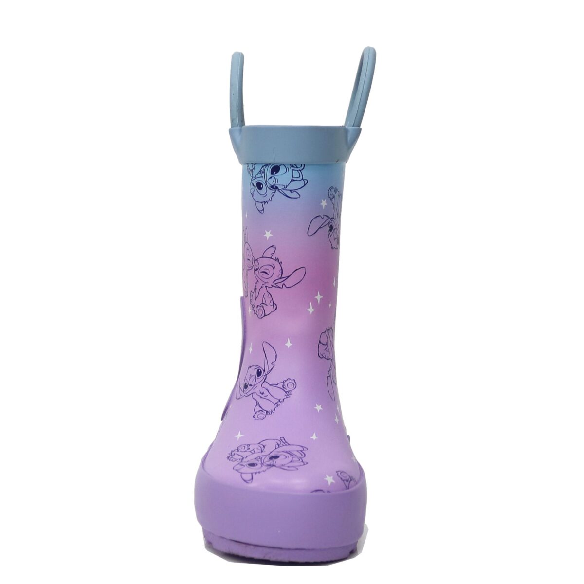 Display picture of the front side of fashionable children's rain boots with cartoon Stitch print