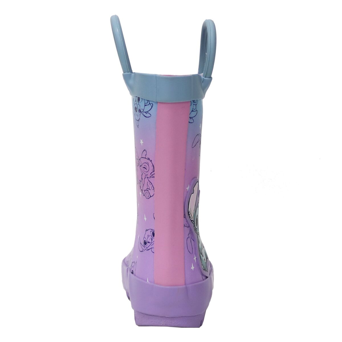 Display picture of the back side of fashionable children's rain boots with cartoon Stitch print