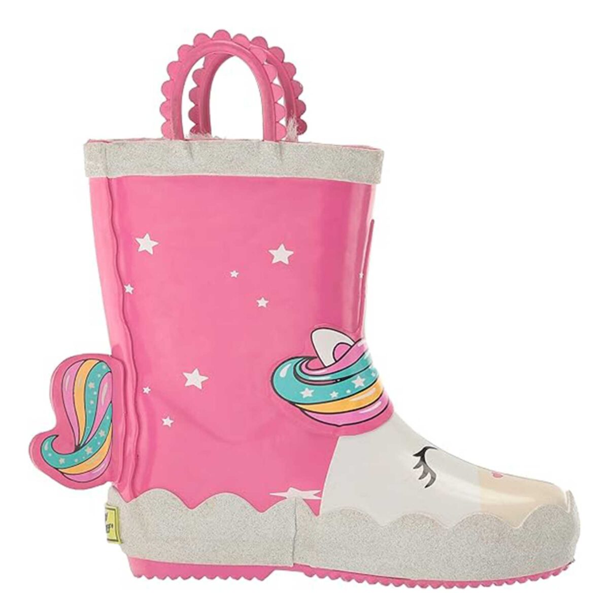 Cartoon unicorn pink and white children's rain boots right display picture