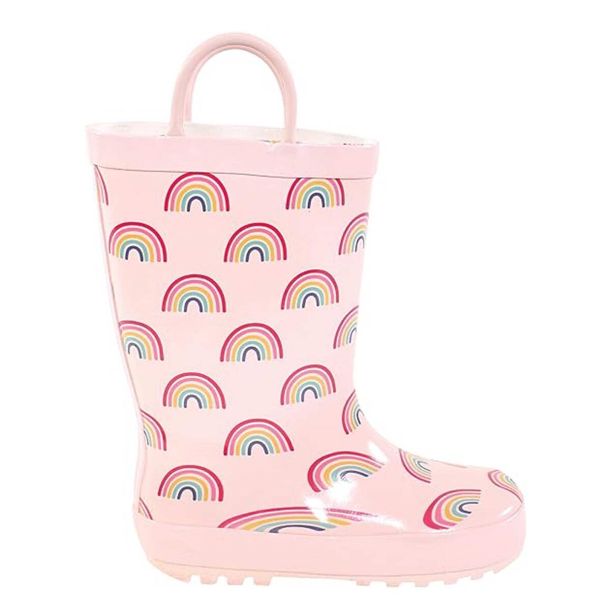 All pink rainbow print children's rain boots right side display