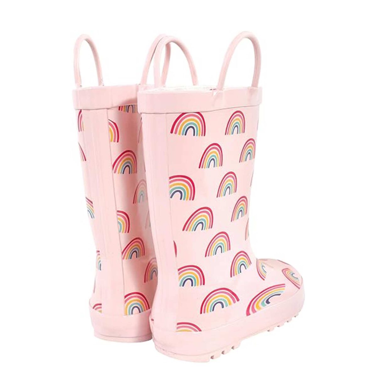 All pink rainbow print children's rain boots rear side display