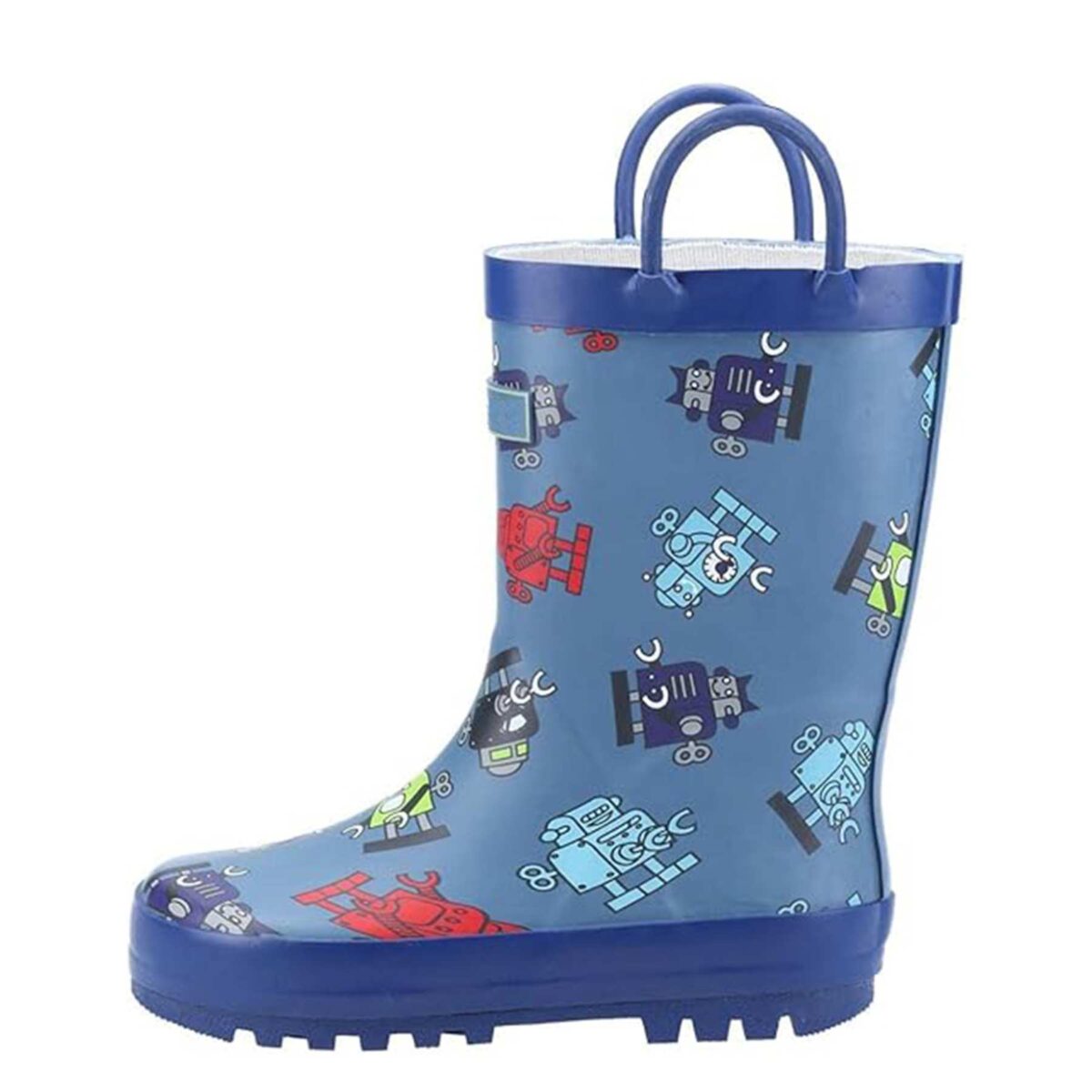 Blue robot cartoon print children's rain boots left display