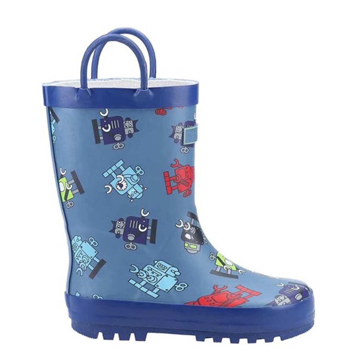 Blue robot cartoon print children's rain boots right display