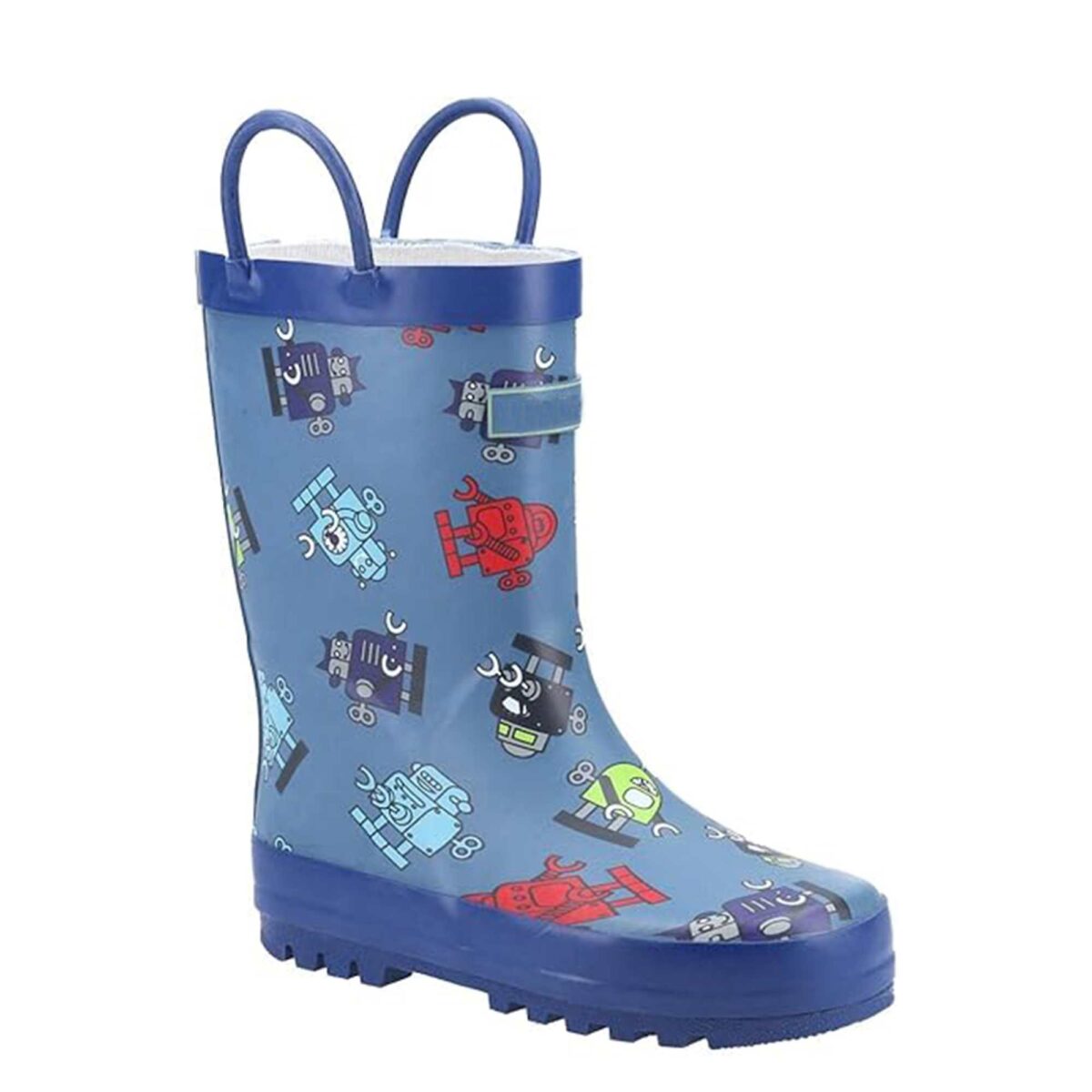 Blue robot cartoon print children's rain boots display