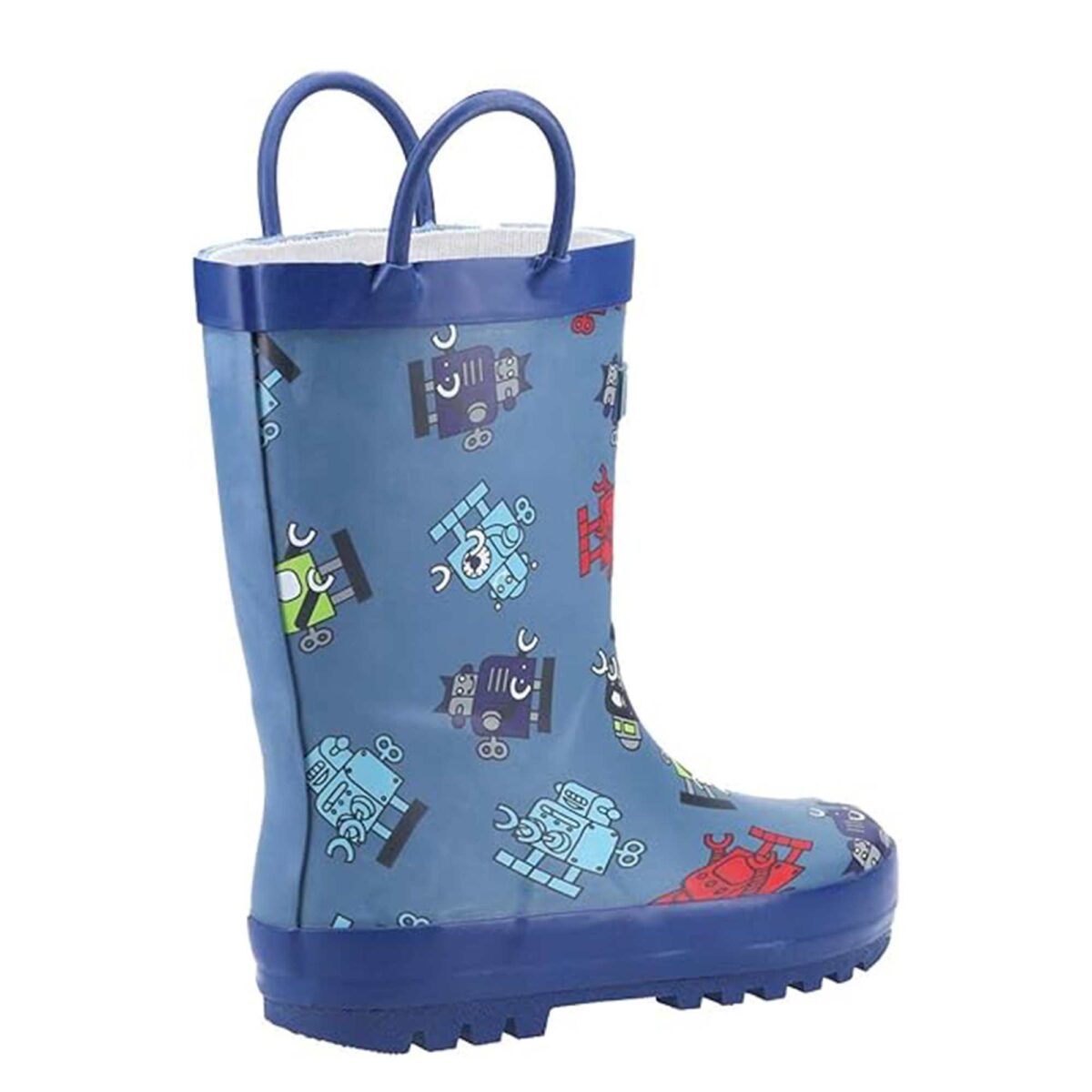 Blue robot cartoon print children's rain boots back display