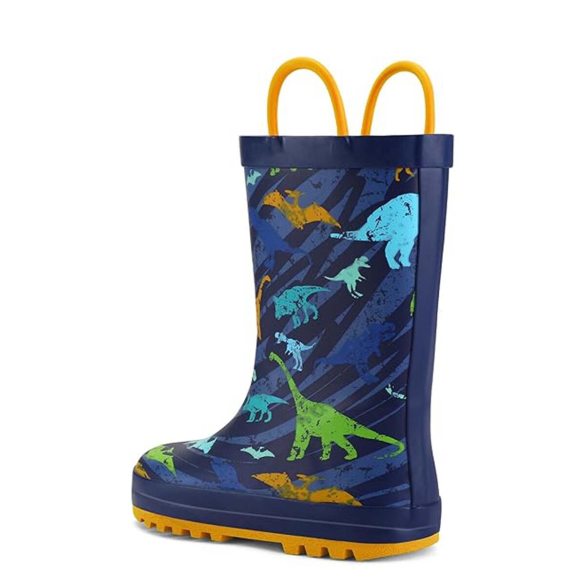 Dark blue striped dinosaur print children's rain boots back display picture