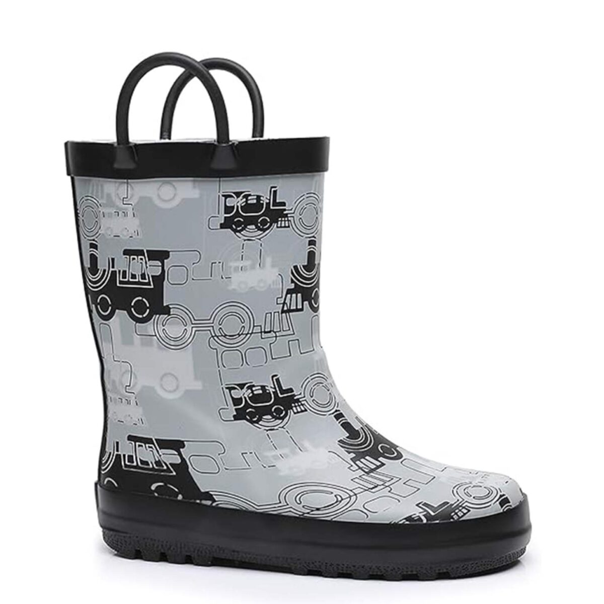 Black and white sketch style print children's rain boots right side display picture