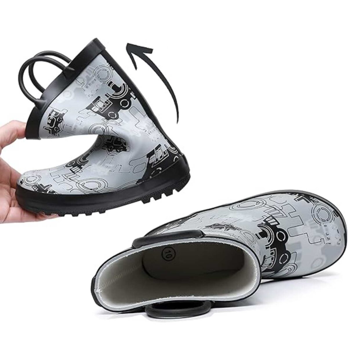 Black and white sketch style print children's rain boots details display picture