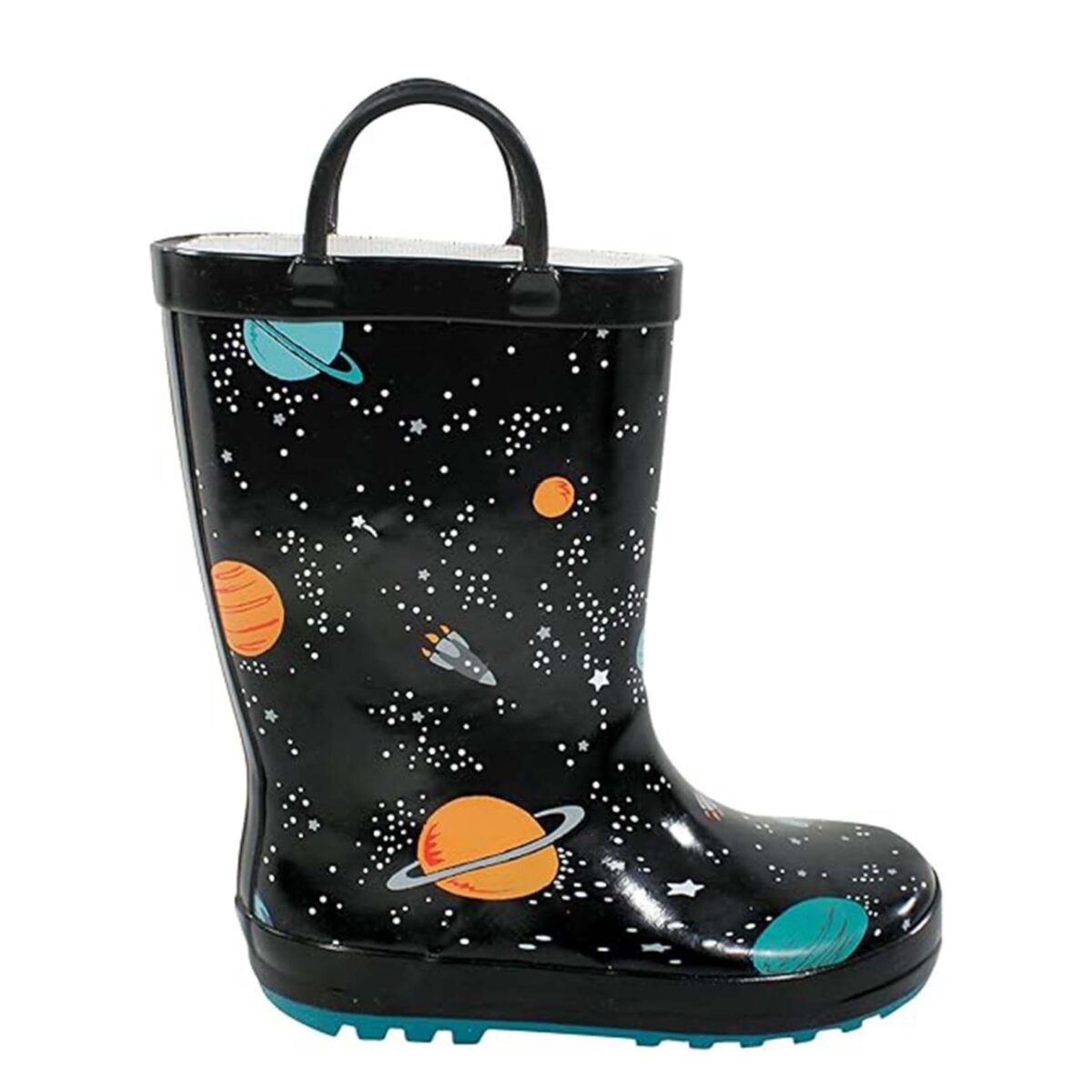 Black universe planet children's rain boots right side display