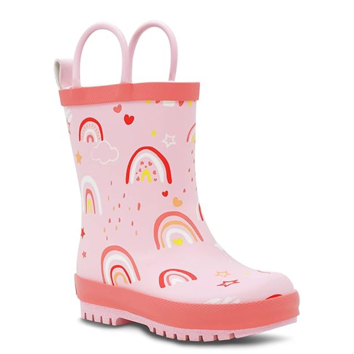 Pink rainbow children's rain boots right side display