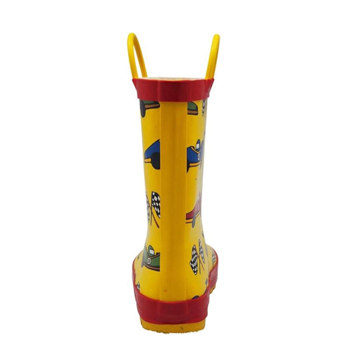 Red and yellow racing theme children's rain boots back display