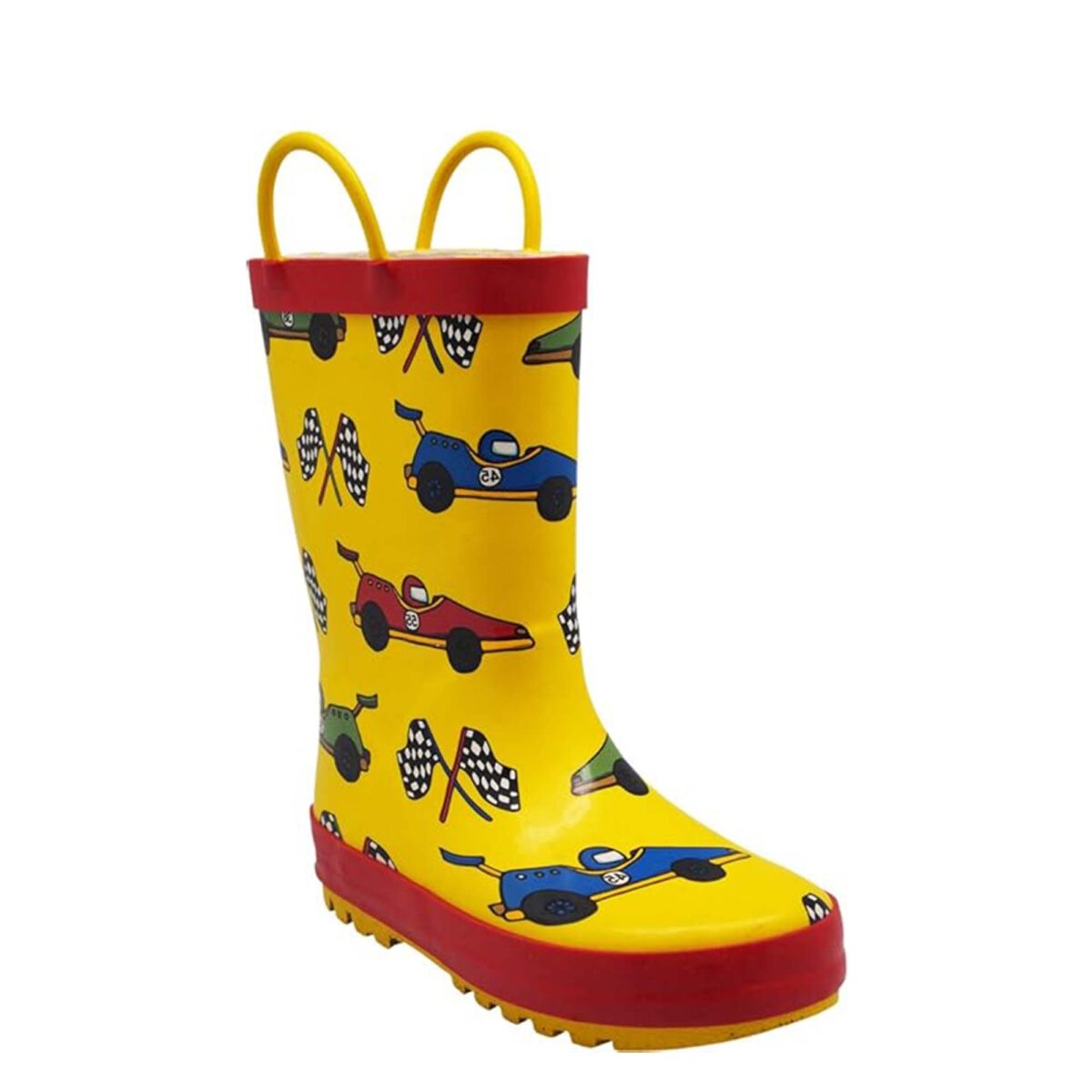 Red and yellow racing theme children's rain boots display