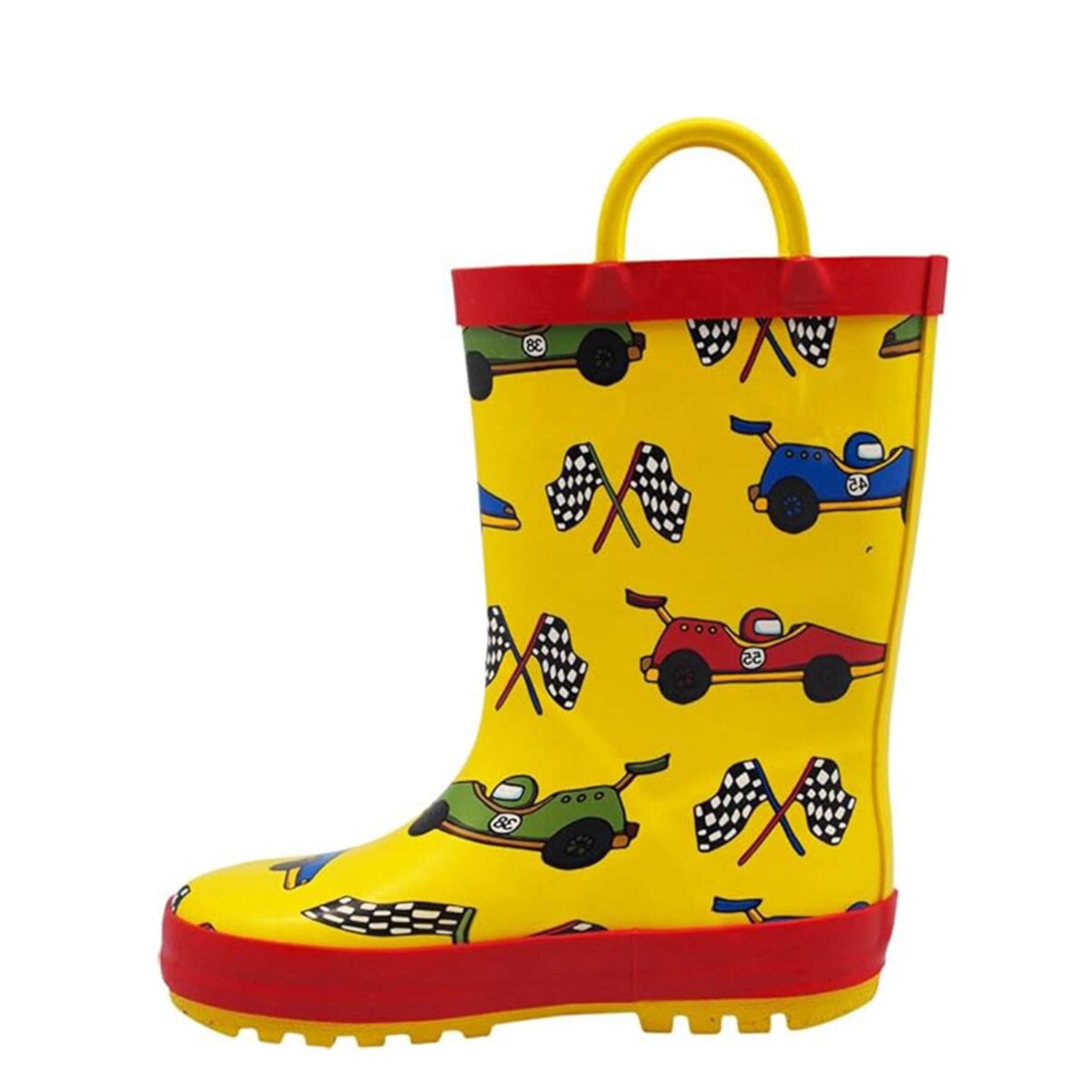 Red and yellow racing theme children's rain boots left display