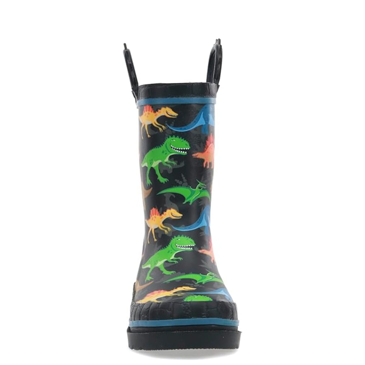 Colorful dinosaur print children's rain boots front side display picture