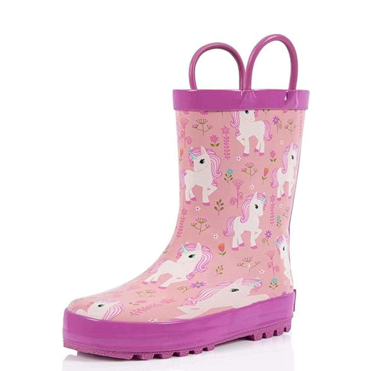 Display picture of unicorn children's rain boots in the flowers on the right