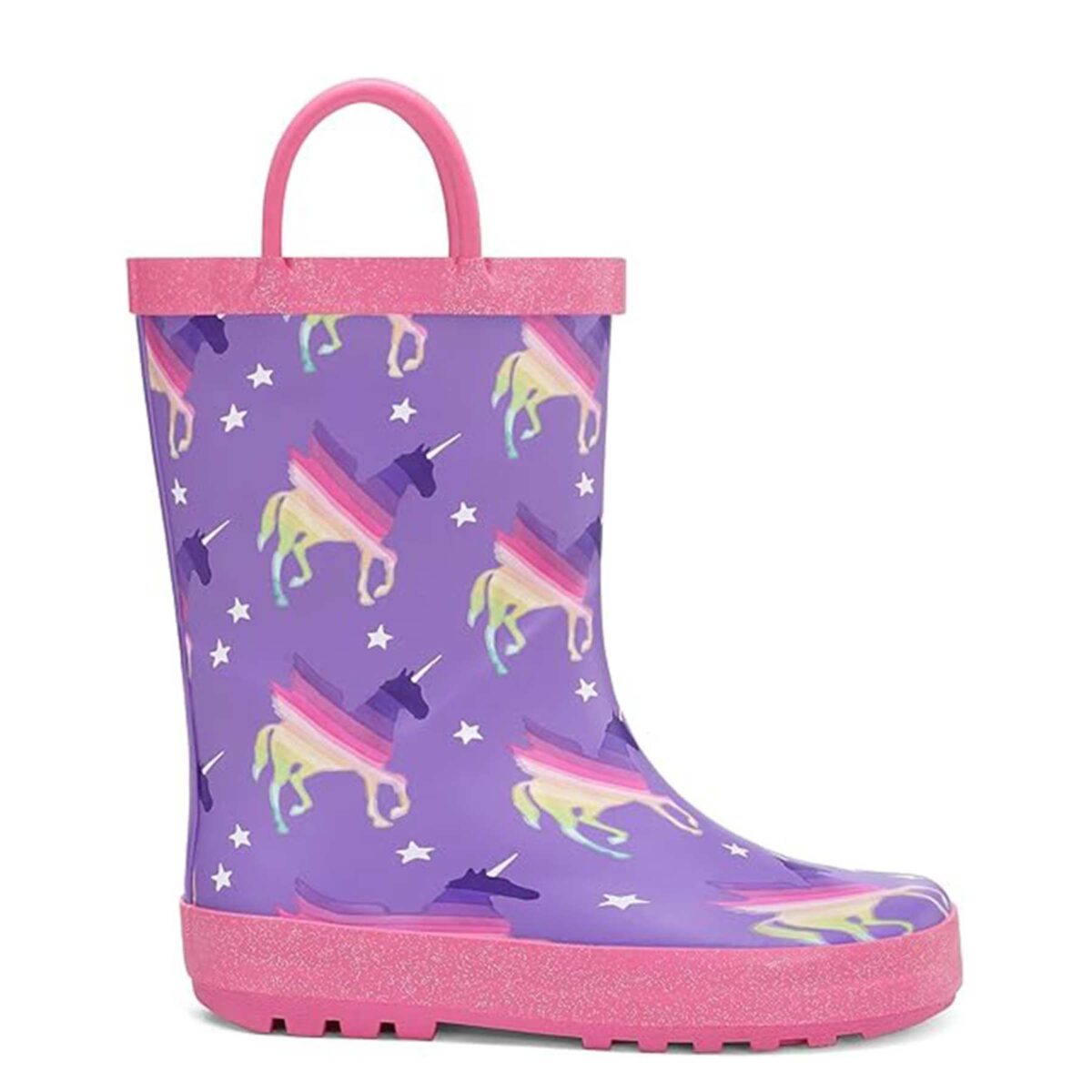 Colorful unicorn star print children's rain boots display picture