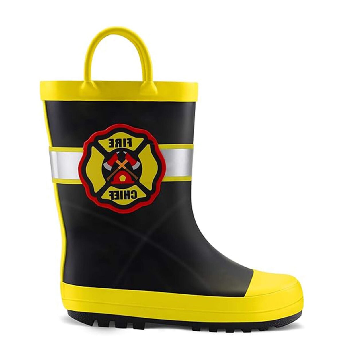 Fire chief theme children's rain boots display