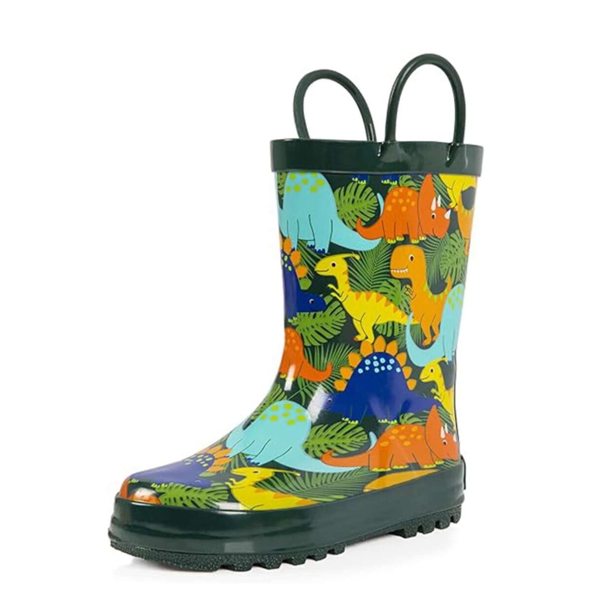 Jungle dinosaur green children's rain boots right display picture