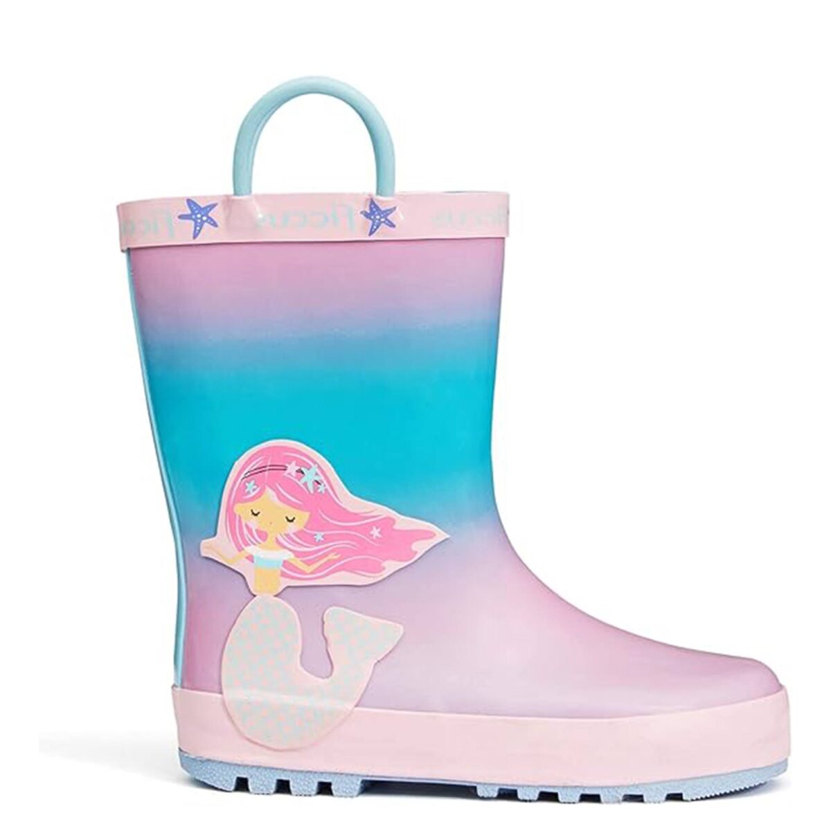 Pink and blue gradient 3D mermaid children's rain boots display