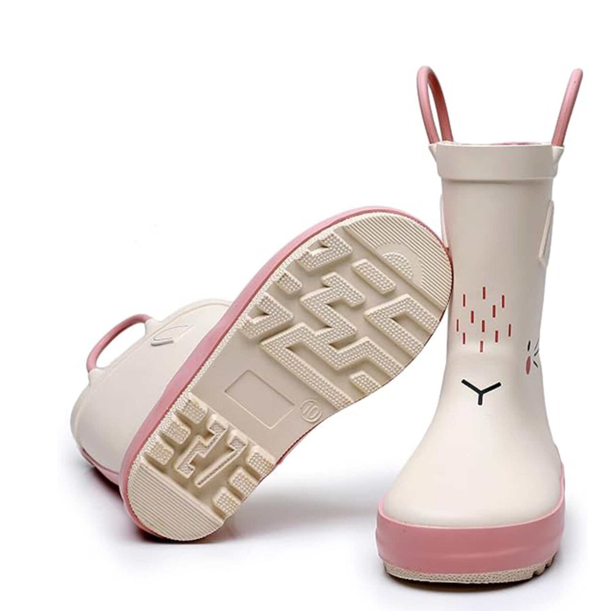 Pink and white cute bunny children's rain boots sole display