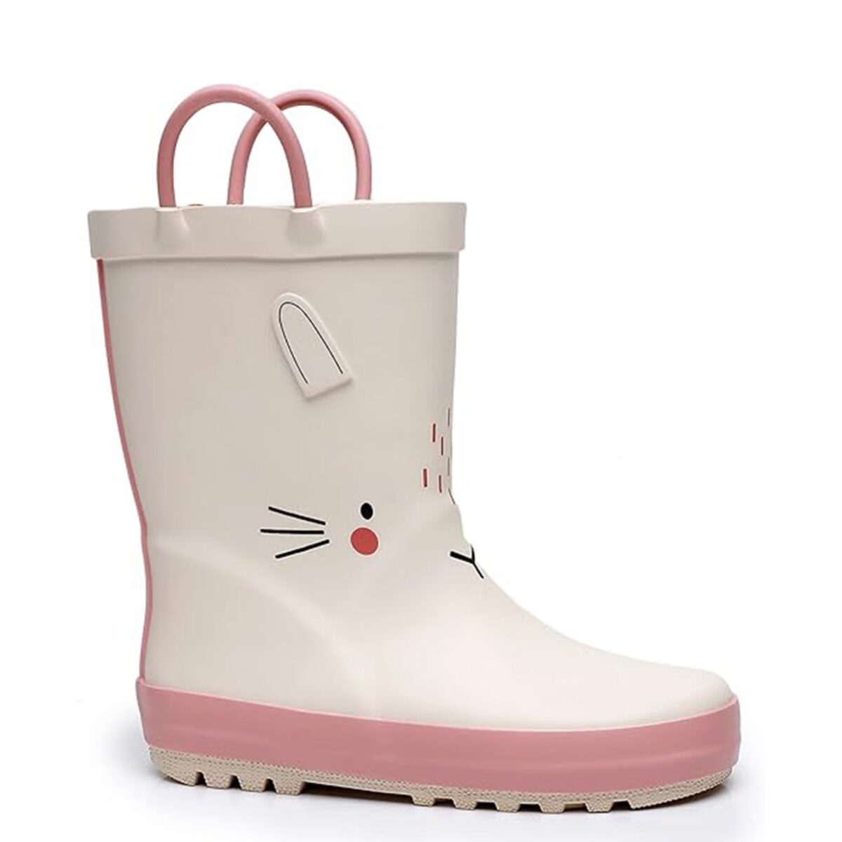 Pink and white cute bunny children's rain boots right display