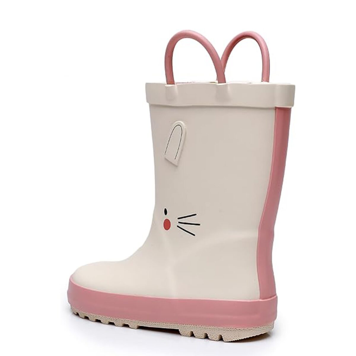 Pink and white cute bunny children's rain boots left display