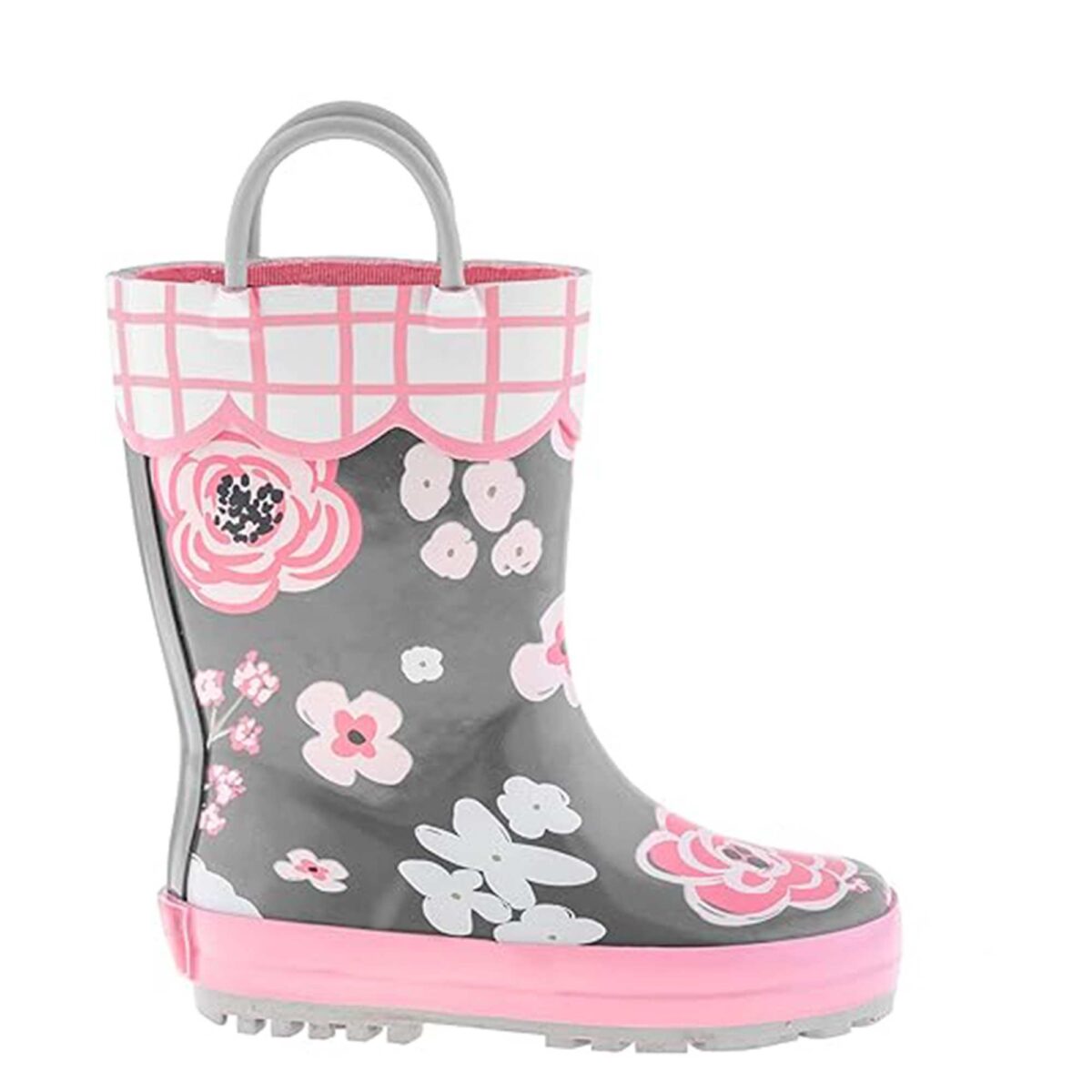 Pink and white plaid flower print children's rain boots right display picture