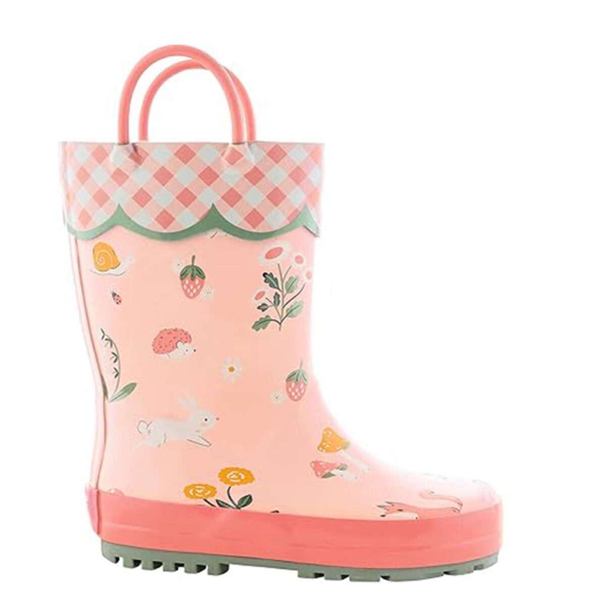 Pink plaid lace bunny children rain boots right display picture