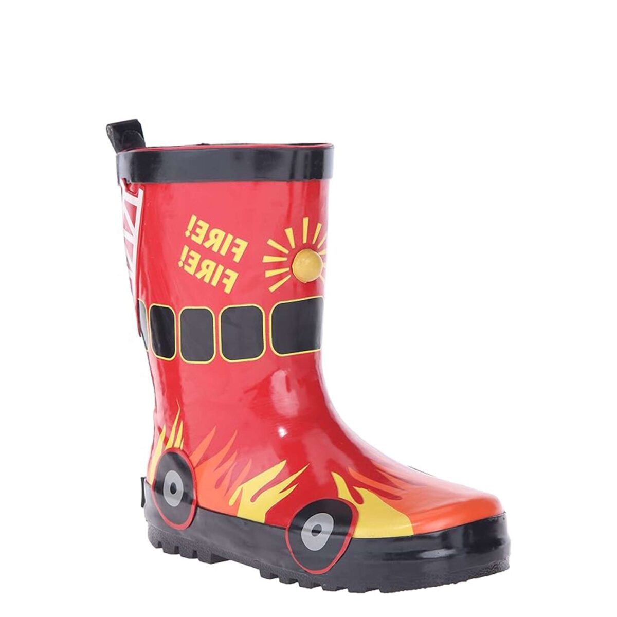 Red fire theme print children's rain boots display