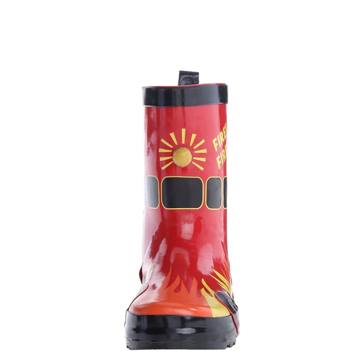 Red fire theme print children's rain boots front display