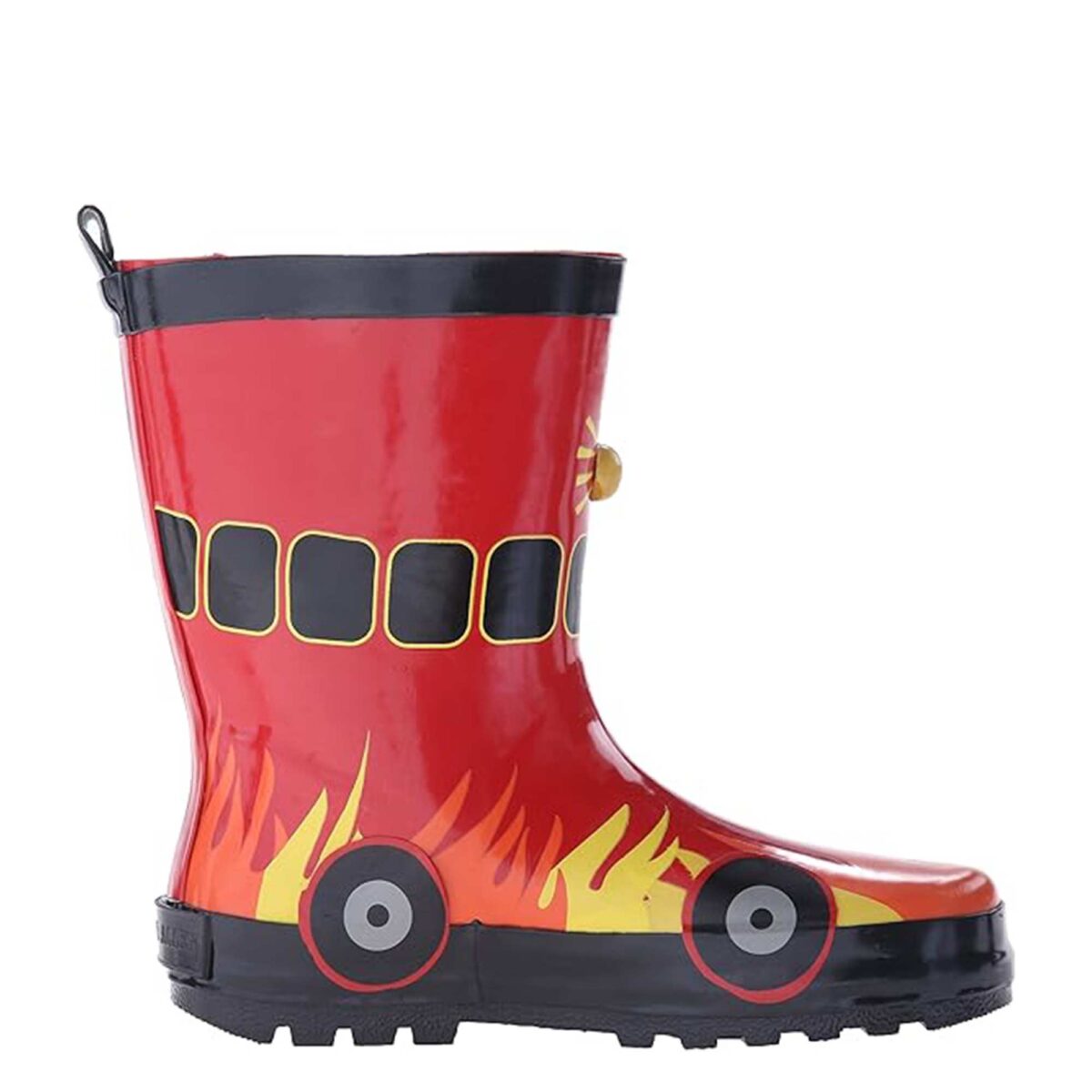 Red fire theme print children's rain boots left display