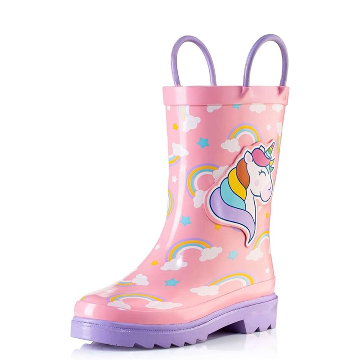 Pink and purple rainbow unicorn children's rain boots right display