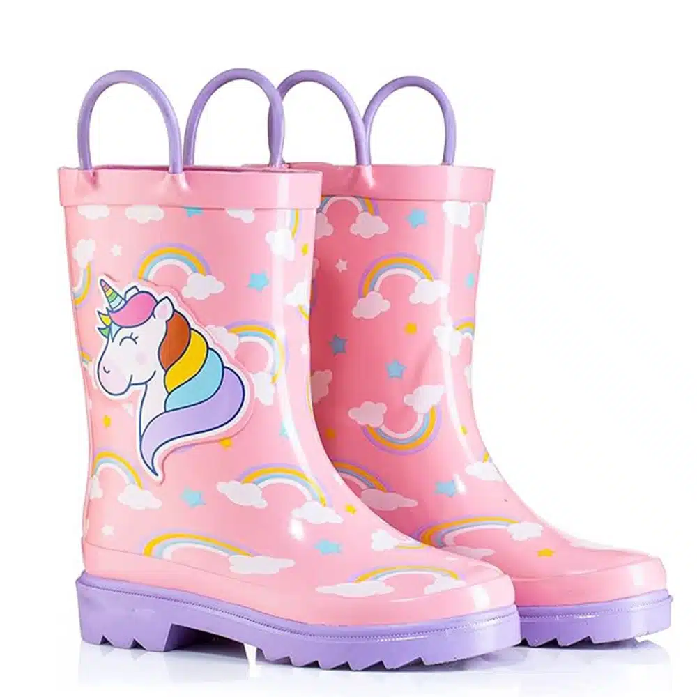 Pink and purple rainbow unicorn children's rain boots display