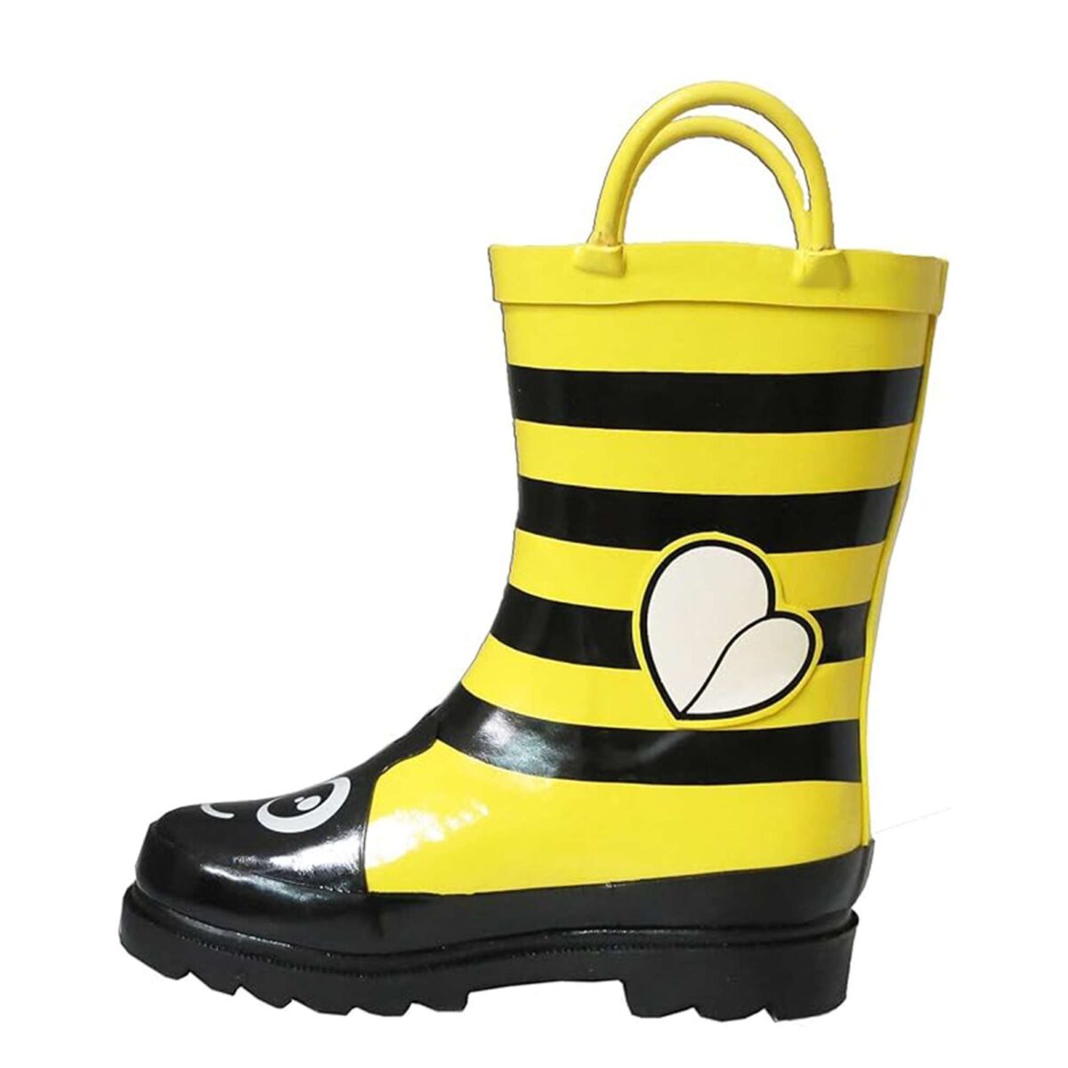 Yellow Bumblebee flower children's rain boots left side display