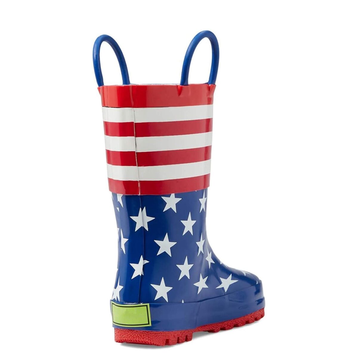 American flag print children's rain boots back display