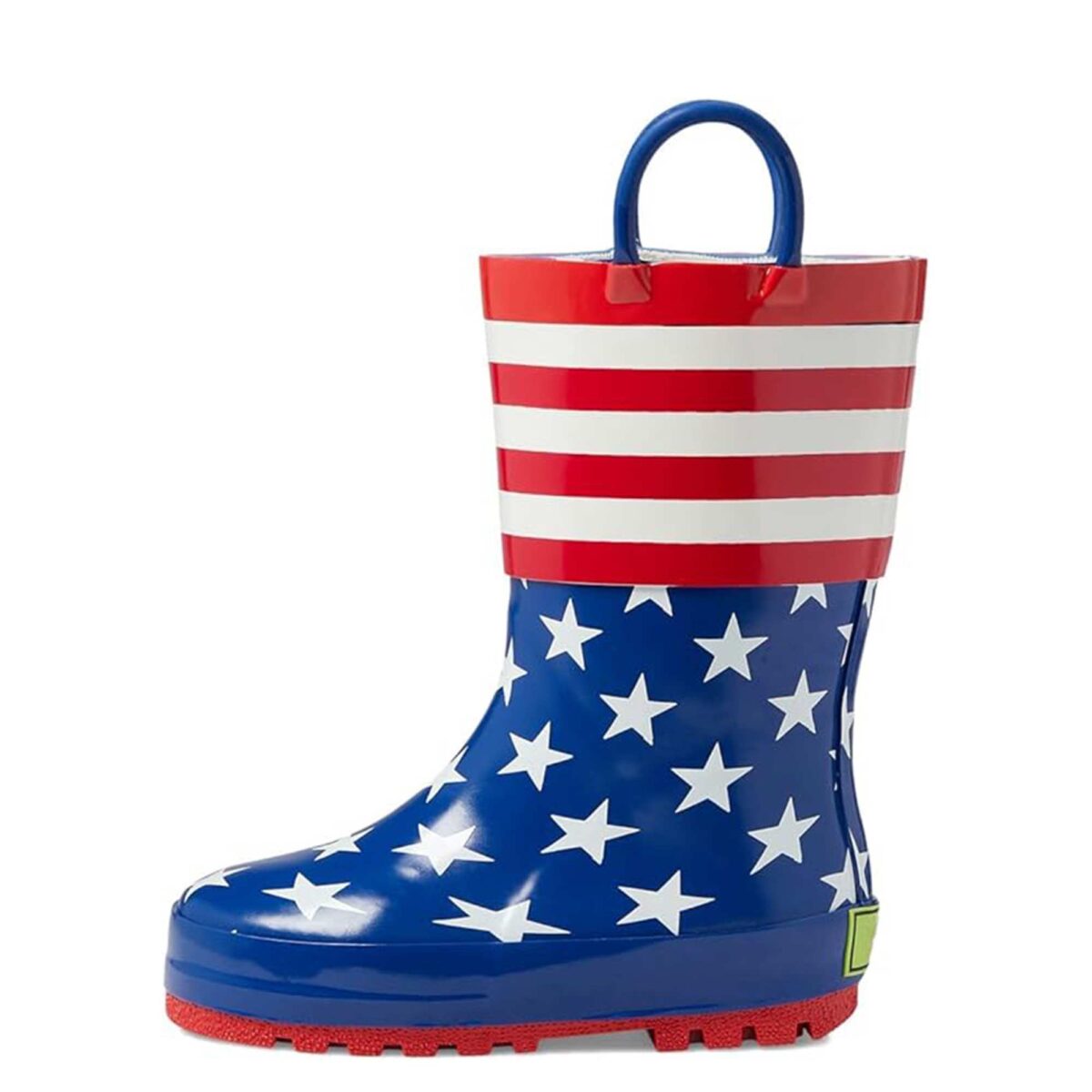 American flag print children's rain boots left display