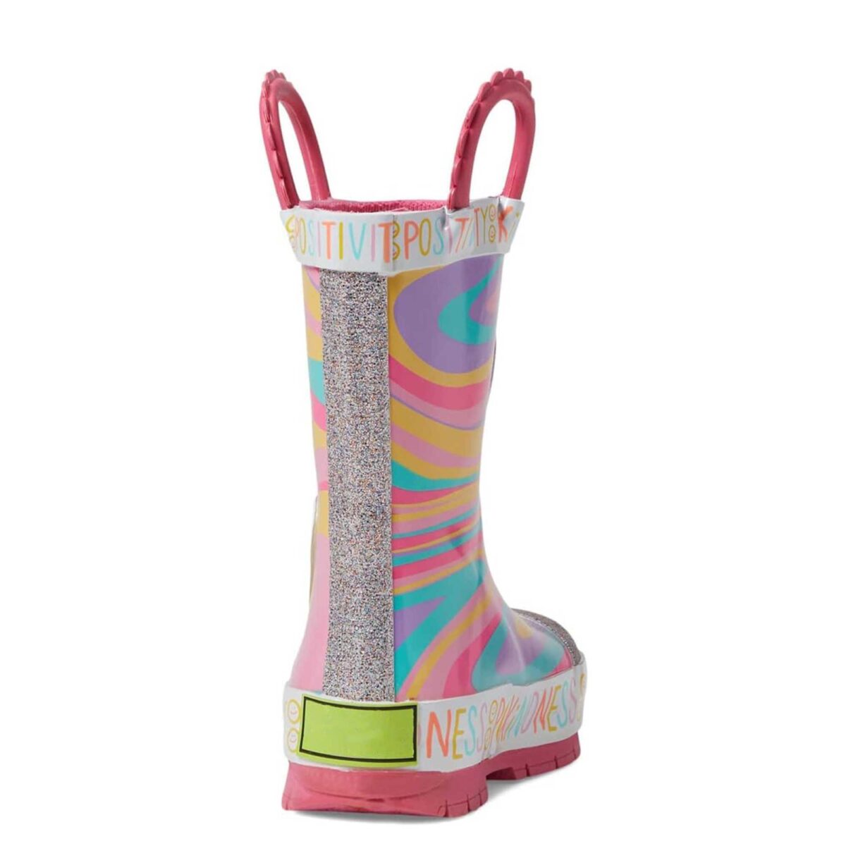 Colorful print 3D glittering heart patches children's rain boots back display