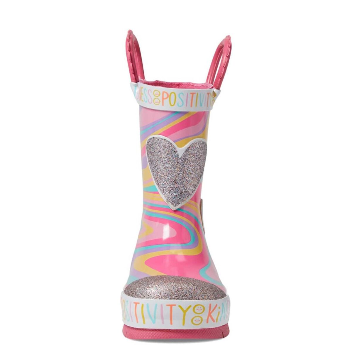 Colorful print 3D glittering heart patches children's rain boots front display