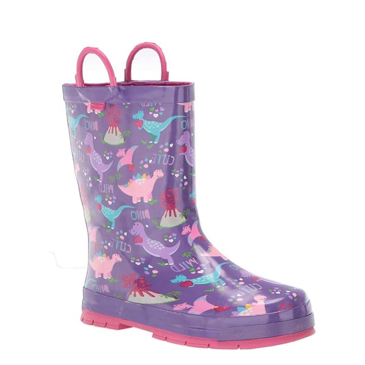 Children's Side Pull Tab Natural Rubber Cartoon Dinosaur Print Purple Waterproof Rain Boots